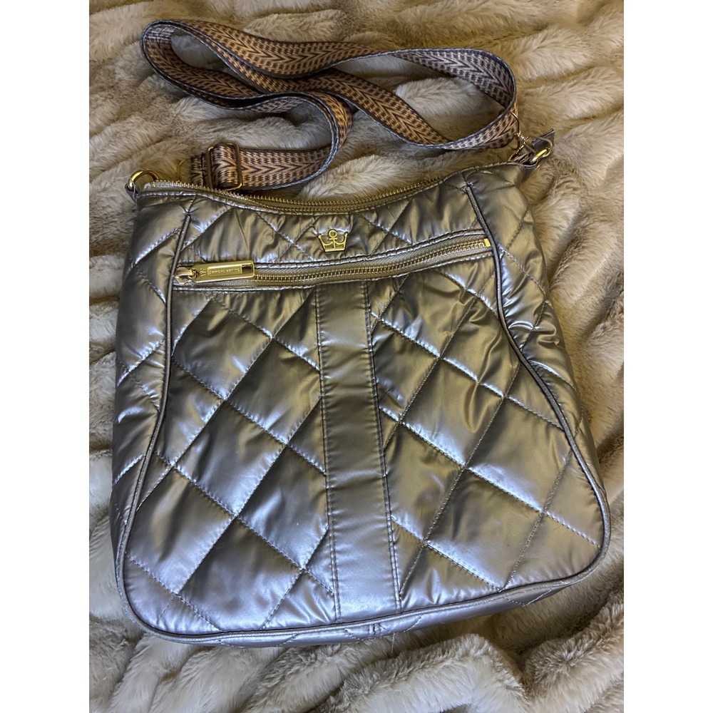 Oliver Thomas Kitchen Sink Crossbody Bag Metallic Pewter Quilted Nylon Chevron